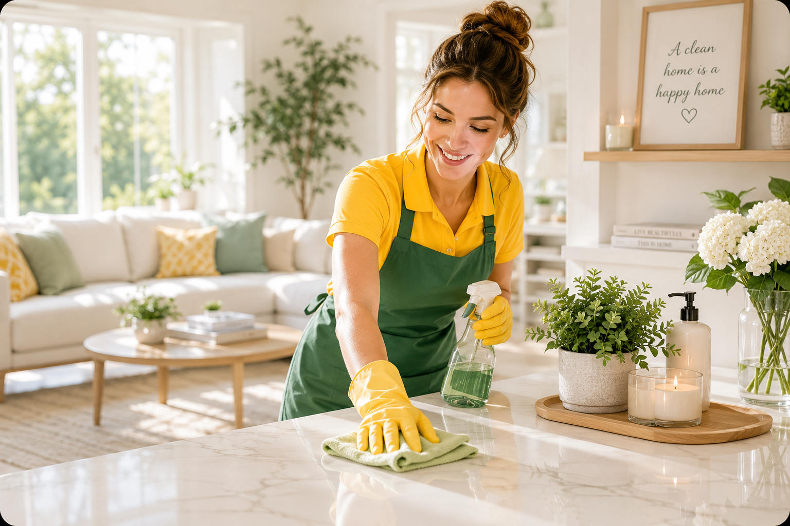 Professional residential cleaner in a bright, luxury home kitchen