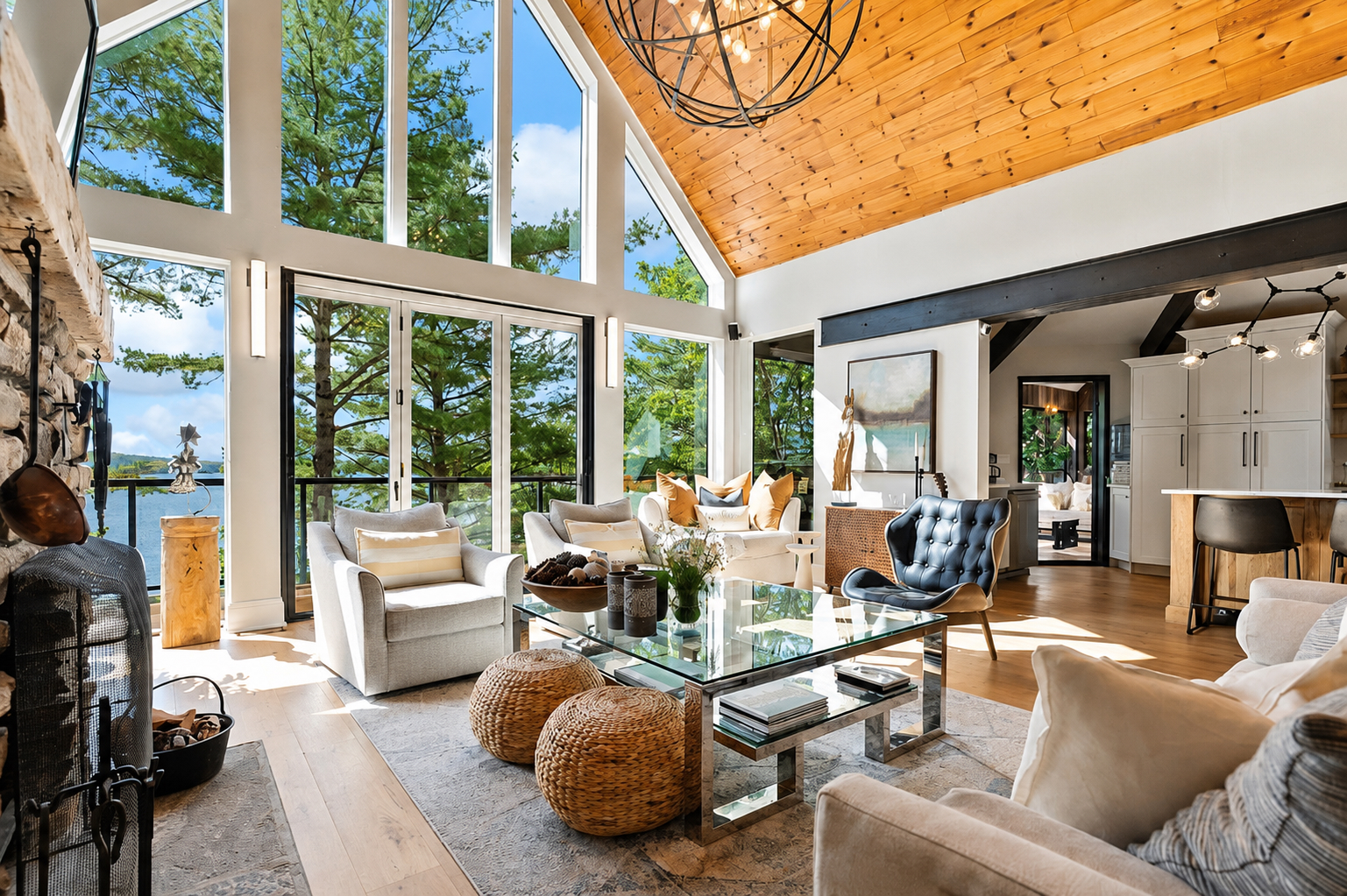Beautiful, clean luxury home interior with lake views